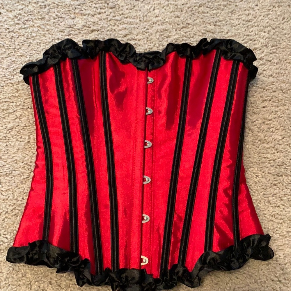 Red Satin Corset-Style Camisole with Black Trim